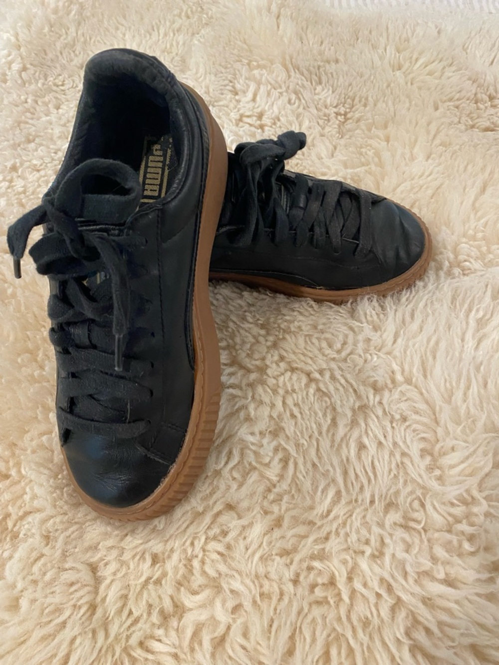 Puma Black Leather Sneakers with Brown Gum Sole